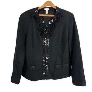Chico's Women Black Beaded Jacket Blazer Size 2 (US Large/12) Fringe Career Work